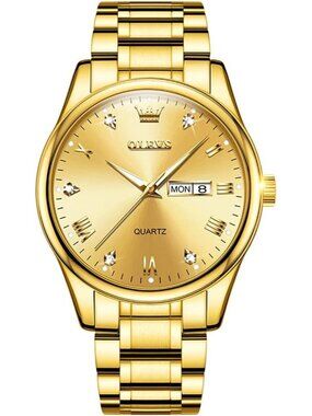 Olevs Mens All Gold Luxury Stainless Steel Big Face Analog Quartz Luminous Watch